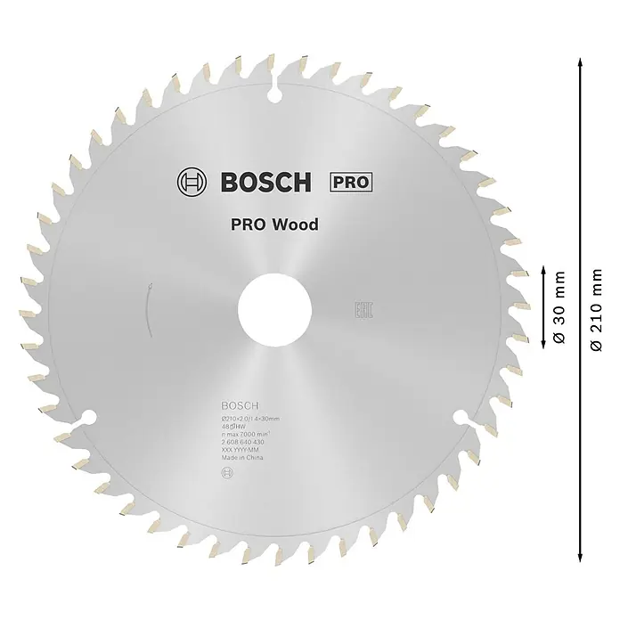 Bosch Kreissägeblatt Optiline Wood - 210 mm, Bohrung: 30 mm, Anzahl Zähne: 30 Stk. - Bosch Pro Wood Kreissägeblatt, silber mit 48 Hartmetallzähnen, Ø 210 mm, Ø 30 mm Bohrung.