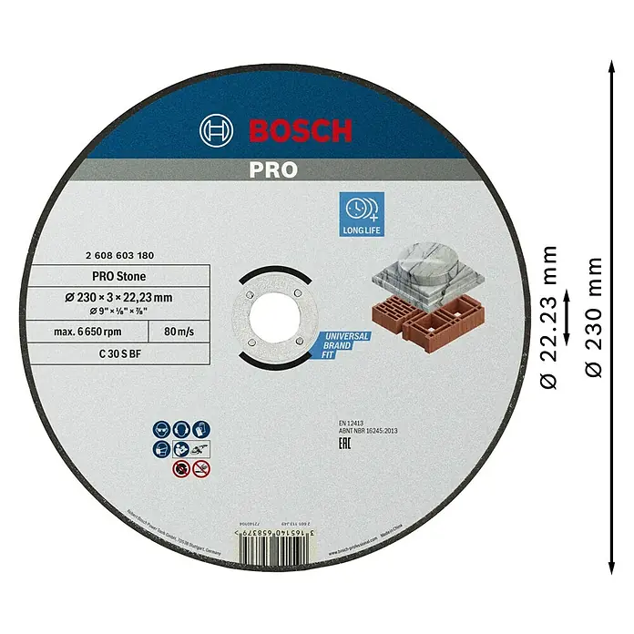Bosch Professional Trennscheibe Standard for Stone - Durchmesser Scheibe: 230 mm, Stärke Scheibe: 3 mm, Gerade - Bosch PRO Trennscheibe für Stein, Ø230x3mm mit Ø22,23mm Bohrung.