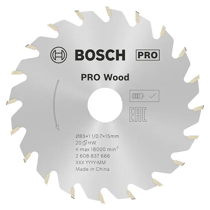 Bosch Kreissägeblatt Standard for Wood - 85 mm, Bohrung: 15 mm, Anzahl Zähne: 20 Stk. - Nahaufnahme eines Bosch Pro Wood Sägeblattes mit Details zu Größe, Umdrehungen und Herstellungsort.