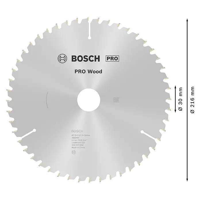 Bosch Kreissägeblatt Pro Wood - 216 mm, Bohrung: 30 mm, Anzahl Zähne: 48 Stk. - Abbildung eines Bosch Pro Wood Kreissägeblatts mit den Maßen Ø 30 mm und Ø 216 mm.