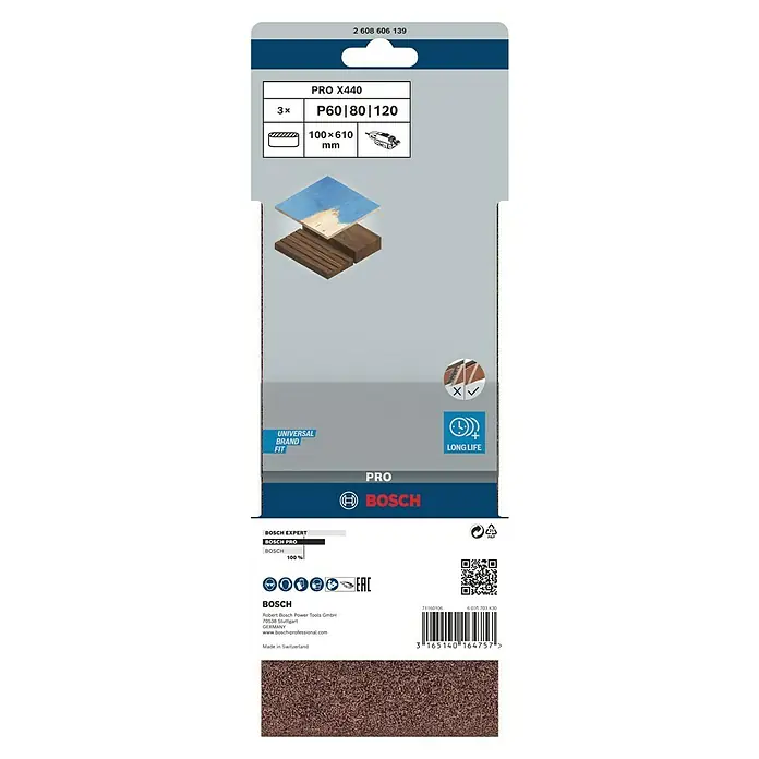 Bosch Schleifband-Set X440 Best for Wood and Paint - 100 x 610 mm, Körnung: 60 - 100, 3 Stk. - Bild einer Bosch Pro X440 Schleifpapierpackung mit Körnungen P60, P80 und P120, geeignet für verschiedene Materialien und Anwendungen.