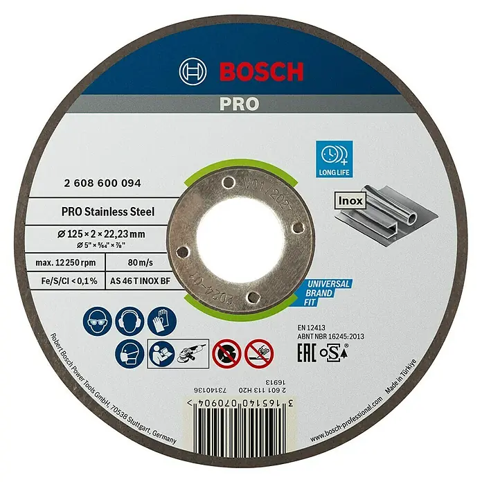Bosch Professional Trennscheibe - Durchmesser Scheibe: 125 mm, Stärke Scheibe: 2 mm - Das Bild zeigt eine Bosch Pro Trennscheibe für Edelstahl mit den wichtigsten technischen Daten und Sicherheitshinweisen.