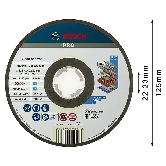 Bosch Professional X-Lock Trennscheibe Multi Construction - 125 mm, Geeignet für: Metall - Dunkelgraue Bosch PRO X-LOCK Trennscheibe, 125x1mm, für verschiedene Materialien inkl. Inox.