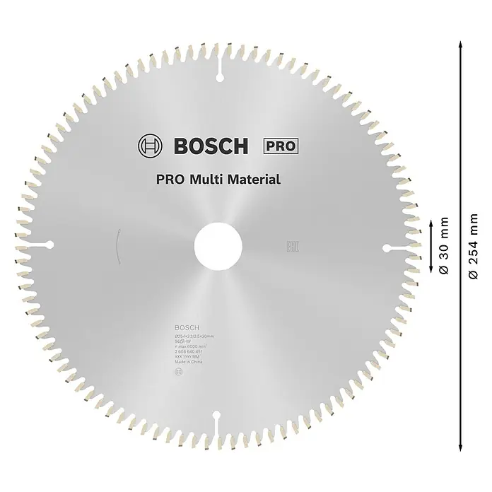 Bosch Kreissägeblatt Multimaterial - 254 mm, Bohrung: 30 mm, Anzahl Zähne: 96 Stk. - Bosch PRO Multi Material Kreissägeblatt, silbergrau mit 96 Hartmetallzähnen.