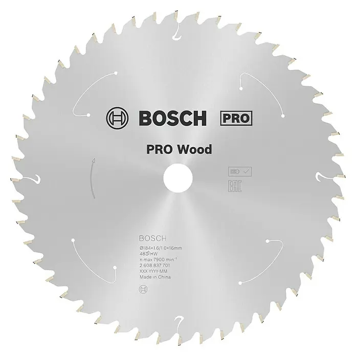 Bosch Kreissägeblatt Standard for Wood - 184 mm, Bohrung: 16 mm, Anzahl Zähne: 48 Stk. - Nahaufnahme eines Bosch Pro Wood Kreissägeblatts (Ø184x1,6/1,0x16mm) mit 48 Zähnen. Ideal zum Sägen von Holz.