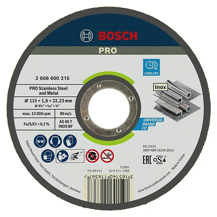 Bosch Professional Trennscheibe Expert for Inox - Durchmesser Scheibe: 115 mm, Geeignet für: Edelstahl - Das Bild zeigt eine Bosch Pro Trennscheibe für Edelstahl und Metall mit den Maßen Ø115 × 1,6 × 22,23 mm und einer maximalen Drehzahl von 13.300 U/min.