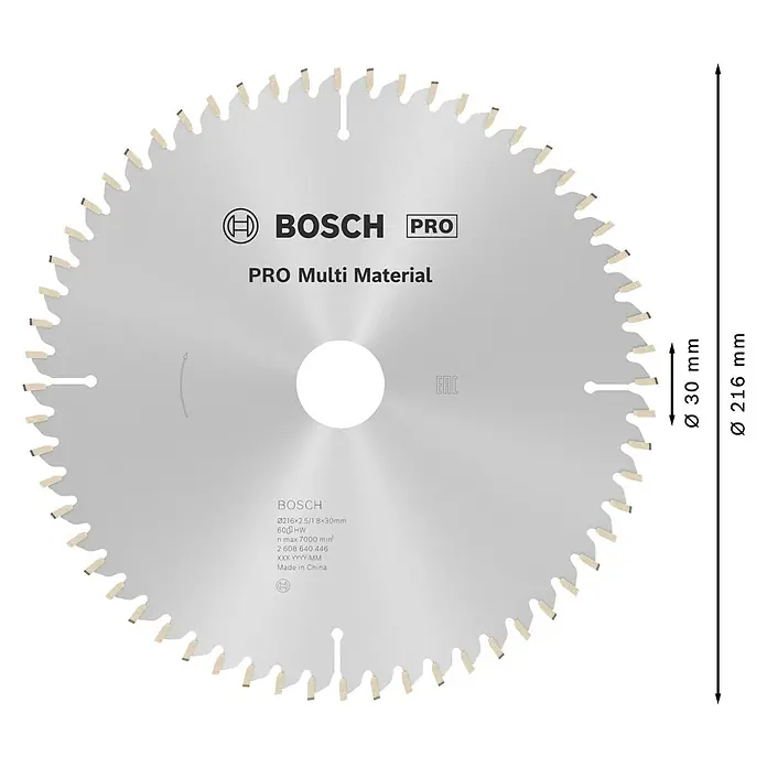 Bosch Kreissägeblatt Multi Material - 216 mm, Bohrung: 30 mm, Anzahl Zähne: 60 Stk. - Silbernes BOSCH PRO Multi Material Kreissägeblatt, 216mm Durchmesser, 60 Zähne.