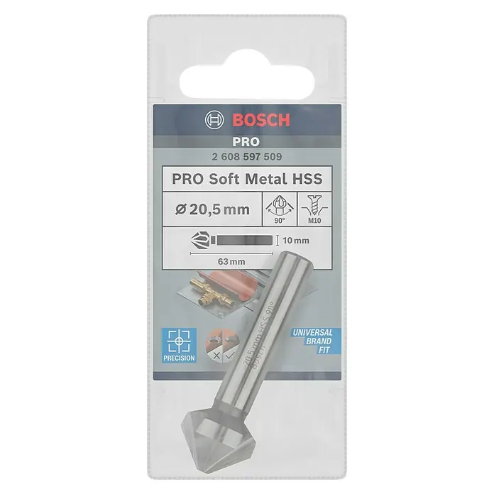 Bosch Kegelsenker - Durchmesser Bohrer: 20,5 mm, Rundschaft - Verpackung eines Bosch PRO Soft Metal HSS Entgraters mit Durchmesser 20,5 mm, ideal für präzise Metallbearbeitung.