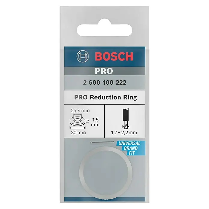 Bosch Reduzierring - Durchmesser: 30 mm, Bohrung: 25,4 mm, Stärke: 1,5 mm - Abbildung einer Bosch PRO Reduzierring-Verpackung mit Größenangaben, die universell für verschiedene Marken geeignet ist.