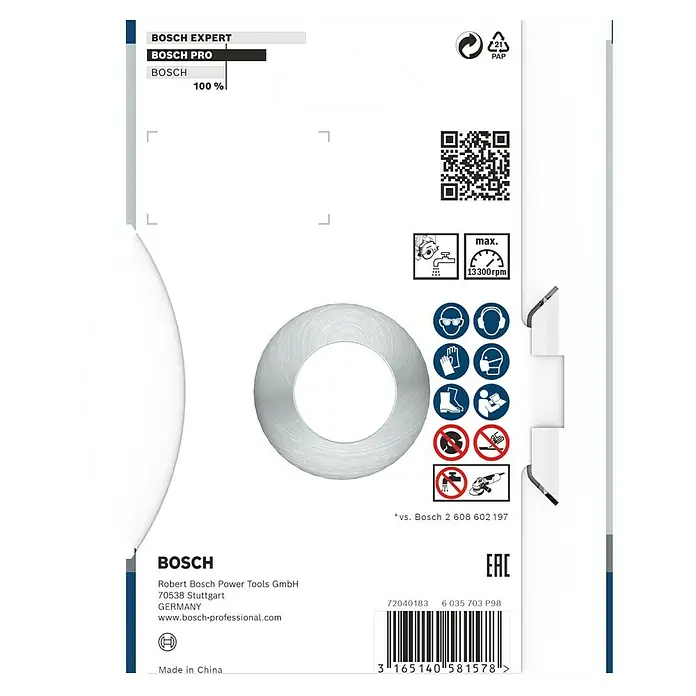 Bosch Professional Diamant-Trennscheibe - Durchmesser Scheibe: 115 mm - Verpackung einer Bosch Pro Trennscheibe, die die Marke, Sicherheitsinformationen und Spezifikationen des Produkts hervorhebt.