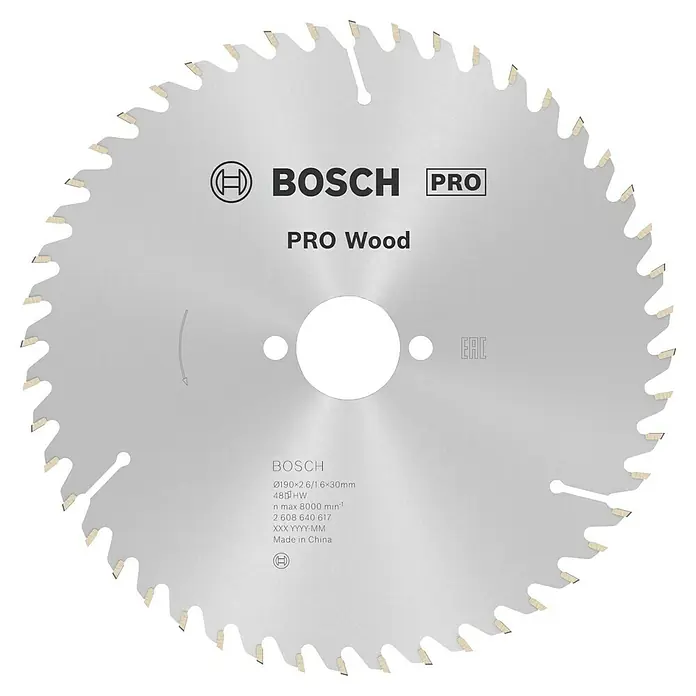 Bosch Kreissägeblatt Pro Wood - 190 mm, Bohrung: 30 mm, Anzahl Zähne: 48 Stk. - Ein Bosch Pro Wood Sägeblatt mit 190 mm Durchmesser, ideal für präzise Holzschnitte.
