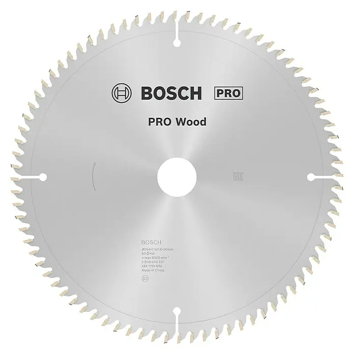 Bosch Kreissägeblatt Pro Wood - 254 mm, Bohrung: 30 mm, Anzahl Zähne: 80 Stk. - Das Bild zeigt ein Bosch Pro Holzsägeblatt mit feinen Zähnen, ideal für präzise Holzschnitte und professionelle Anwendungen.