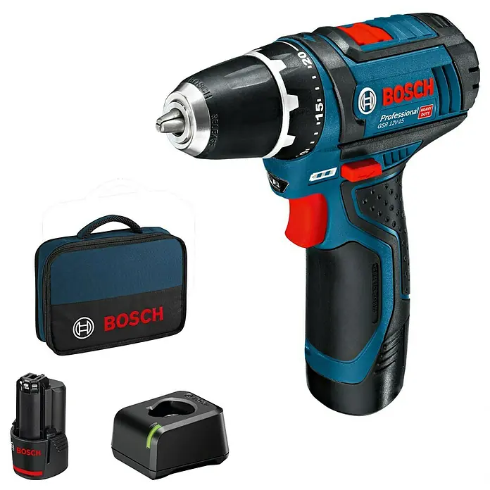Bosch Professional Akku-Bohrschrauber GSR 12V-15 - 12 V, 2 Akkus, 2 Ah, 30 Nm, Ladegerät + Tasche - Bosch GSR 12V-15 Akku-Bohrschrauber mit Akku, Ladegerät und Tasche für professionelle Anwendungen.