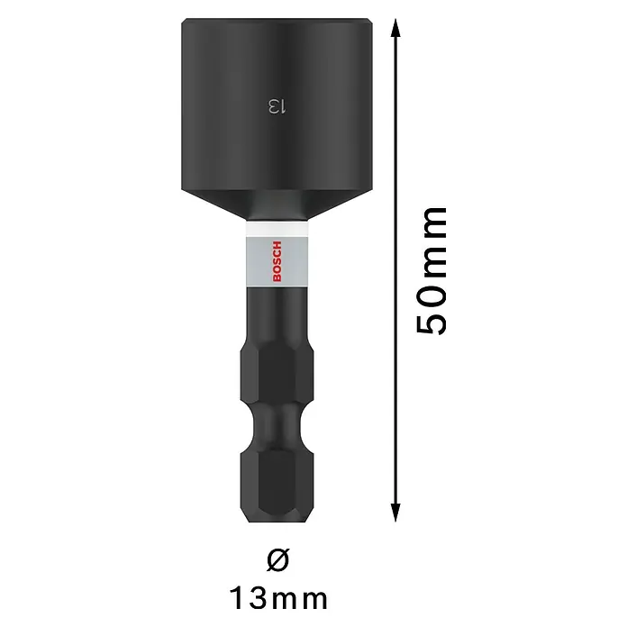 Bosch Inserto para llaves de vaso Impact Control - Ancho de llave: 13 mm, Tamaño de accionamiento: ¼'' hexágono exterior - Vaso hexagonal Bosch negro, de 13mm de diámetro y 50mm de largo, para atornilladores de impacto.