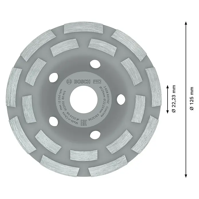 Bosch Expert Diamant-Topfscheibe for Concrete - Durchmesser Scheibe: 125 mm, Höhe Segment: 5 mm, Bohrung: 22,23 mm - Bild einer grauen Bosch Pro Betonschleifscheibe mit den Abmessungen Ø 125 mm und Ø 22,23 mm.