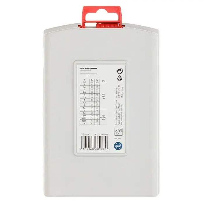 Bosch Bohrer-Set - Durchmesser Bohrer: 10 mm - Nahaufnahme einer Bosch Bohrer-Kassette mit Größen- und Drehzahlangaben auf der Rückseite.