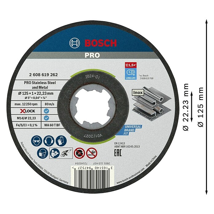 Bosch Professional X-Lock Trennscheibe X-Lock Standard for Inox WA 60 T BF (Durchmesser Scheibe: 125 mm, Stärke Scheibe: 1 mm, Geeignet für: Metall)