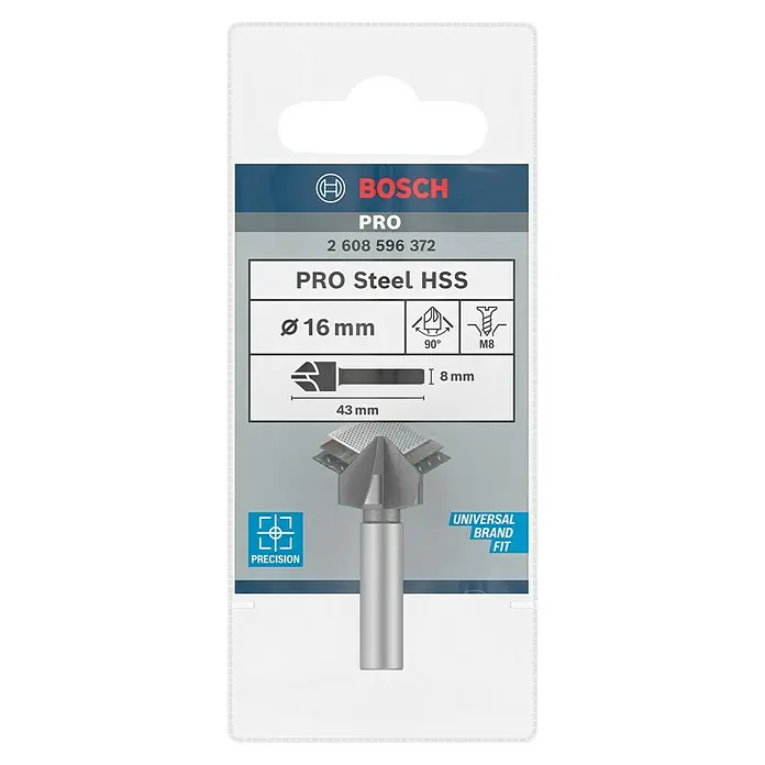 Bosch Kegelsenker - Durchmesser Bohrer: 16 mm, Rundschaft - Die Bosch PRO Steel HSS Senker sind ideal für präzise und saubere Senkungen in Stahl, mit einem Durchmesser von 16 mm und Universal-Markenpassform.
