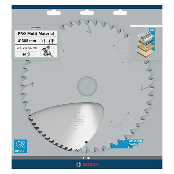 Bosch Kreissägeblatt Multimaterial - 305 mm, Bohrung: 30 mm, Anzahl Zähne: 80 Stk. - Abbildung einer Bosch Pro Multi Material Kreissäge mit 305 mm Durchmesser für vielseitige Sägearbeiten.