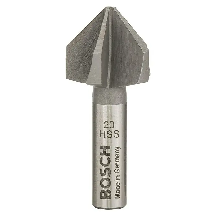 Bosch Kegelsenker - Durchmesser Bohrer: 20 mm, Rundschaft - Bild einer Bosch-Senkbohrer mit der Aufschrift "20 HSS Made in Germany". Hochwertiger Senkbohrer für präzise Bohrungen.