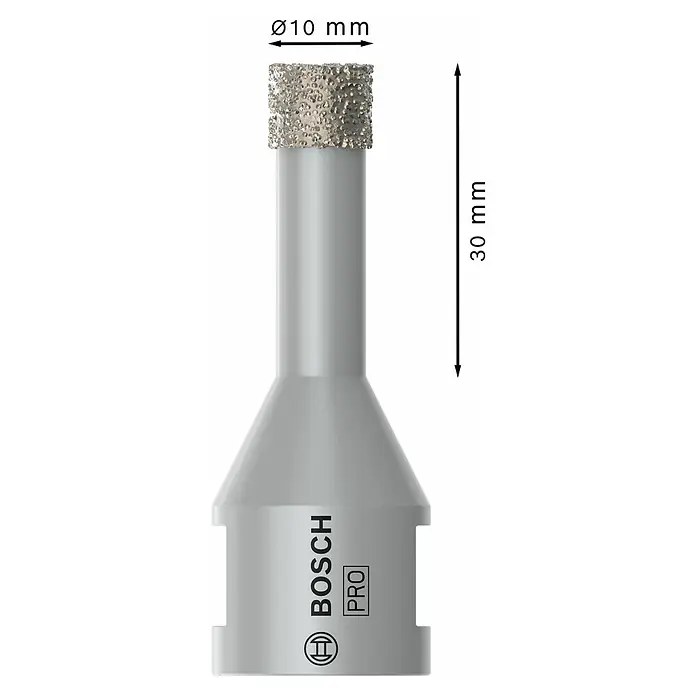 Bosch Diamant-Trockenbohrer Dry Speed - Durchmesser: 10 mm - Silberner Bosch Diamantbohrer mit 10 mm Durchmesser und 30 mm Bohrtiefe.