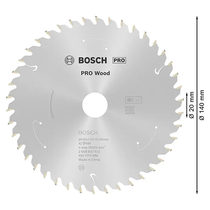 Bosch Kreissägeblatt Standard for Wood - 140 mm, Bohrung: 20 mm, Anzahl Zähne: 42 Stk. - Silbernes Bosch PRO Wood Kreissägeblatt, 140mm, 42 Hartmetallzähne.