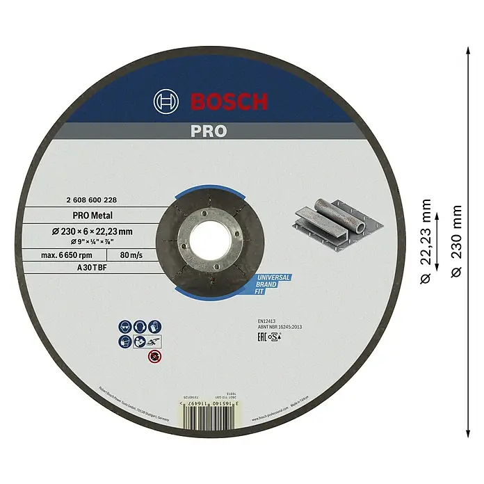 Bosch Schruppscheibe Expert for Metal A 30 T BF - Durchmesser: 230 mm, Stärke Scheibe: 6 mm, 1 Stk. - Bosch PRO Metall Trennscheibe mit 230 mm Durchmesser, 6 mm Dicke und 22,23 mm Bohrung.