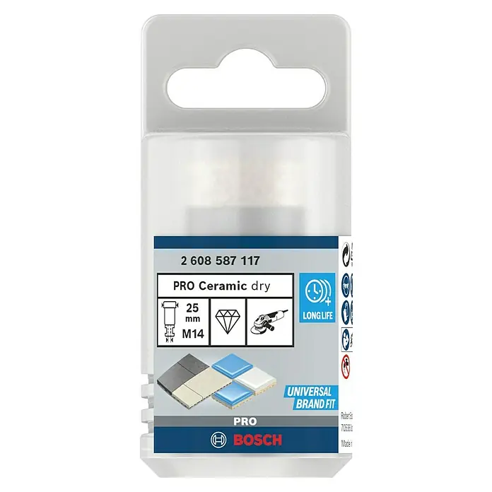 Bosch Diamant-Trockenbohrer Dry Speed - Durchmesser: 25 mm - Bild einer Bosch PRO Ceramic dry Diamantbohrkrone in ihrer Verpackung. Sie ist für Keramikfliesen geeignet und hat eine lange Lebensdauer.