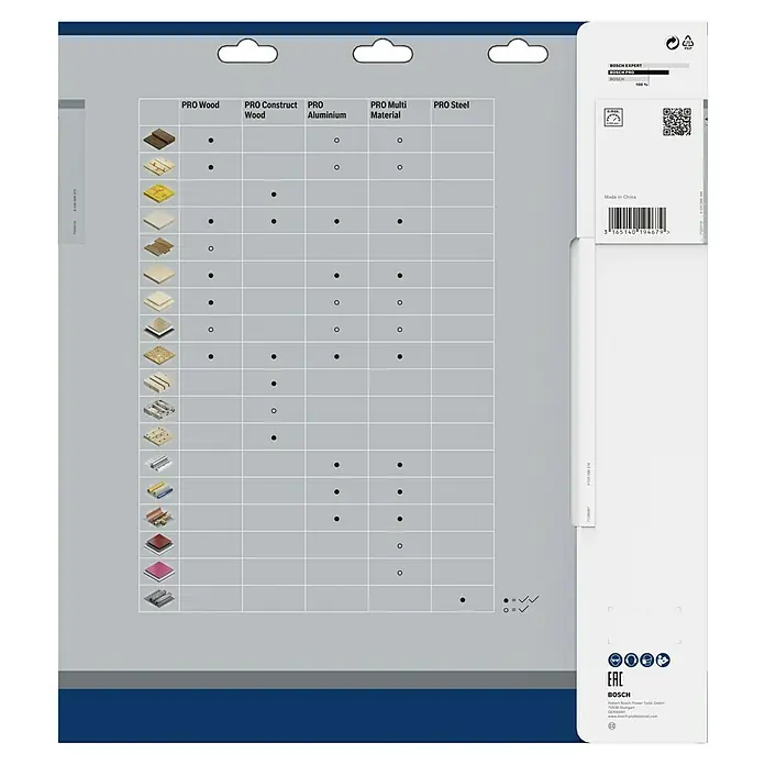 Bosch Kreissägeblatt Speedline Wood - 315 mm, Bohrung: 30 mm, Anzahl Zähne: 28 Stk. - Bild der Bosch-Produktverpackung mit einer Tabelle, die die Kompatibilität mit verschiedenen Materialien und Werkzeugen zeigt.