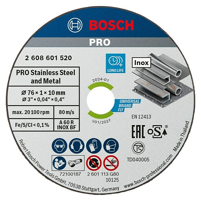 Bosch Professional Disco de corte (Diámetro disco: 76 mm, Espesor disco: 1 mm, Apto para: Acero inoxidable, Específico para: Amoladora batería Bosch Professional GWS 12V-76)