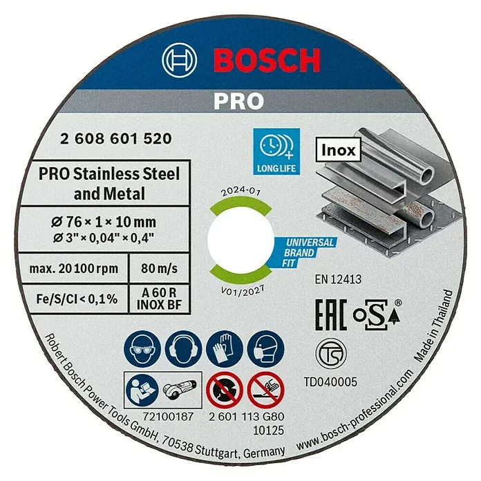 Bosch Trennscheibe A 60 R INOX BF - Durchmesser Scheibe: 76 mm, Stärke Scheibe: 1 mm, Geeignet für: Edelstahl, Passend für: Bosch Professional Akku-Winkelschleifer GWS 12V-76, 5 Stk. - Bosch Trennscheibe Pro für Edelstahl und Metall, 76 x 1 x 10 mm, ideal für schnelle und präzise Schnitte.