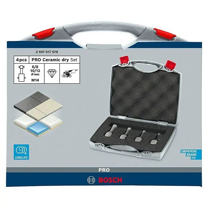 Bosch Diamant-Trockenbohrer Set Dryspeed - 4 Stk., Durchmesser Bohrer: 6 mm - Das Bosch Pro Ceramic Dry Set mit 4 Teilen, ideal für präzise und saubere Schnitte in Keramikfliesen. Inklusive praktischem Aufbewahrungskoffer.