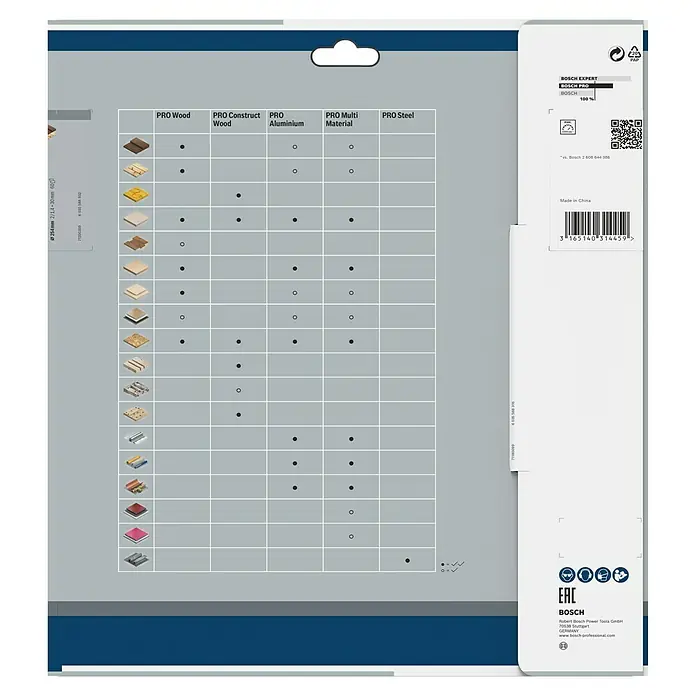 Bosch Kreissägeblatt Optiline Wood - 254 mm, Bohrung: 30 mm, Anzahl Zähne: 60 Stk., 1 Stk. - Tabelle mit Bosch-Sägeblatt-Eignung für verschiedene Materialien wie Holz, Aluminium und Stahl mit EAN-Code und Herstellerinformationen.