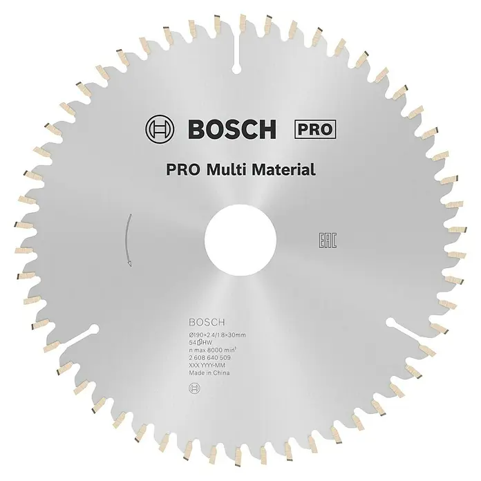 Bosch Kreissägeblatt Multimaterial - 190 mm, Bohrung: 30 mm, Anzahl Zähne: 54 Stk. - Nahaufnahme eines Bosch Pro Multi Material Sägeblatts mit feinen Details der Zahngeometrie und Materialbeschaffenheit.