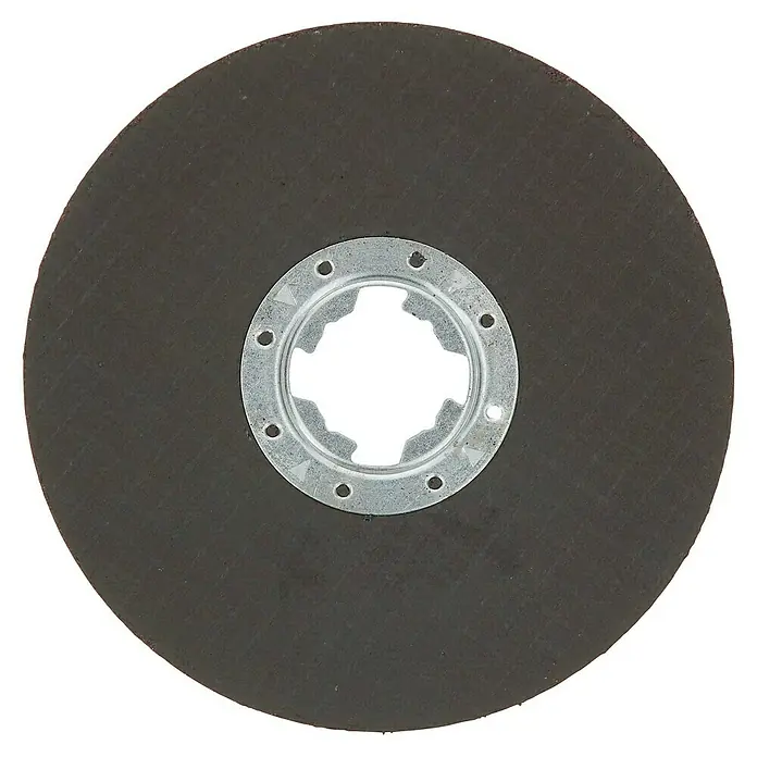 Bosch Professional X-Lock Trennscheibe Standard for Inox - Geeignet für: Edelstahl, Durchmesser Scheibe: 115 mm, Stärke Scheibe: 1 mm, 10 Stk. - Schleifscheibe für Winkelschleifer. Die Scheibe ist dunkelgrau mit einer silbernen Nabe.