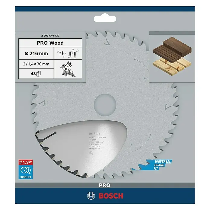Bosch Kreissägeblatt Pro Wood - 216 mm, Bohrung: 30 mm, Anzahl Zähne: 48 Stk. - Bild einer Bosch Pro Wood Kreissägeblatt-Verpackung, Durchmesser 216 mm, für präzise Holzschnitte, langlebig und passend für viele Marken.