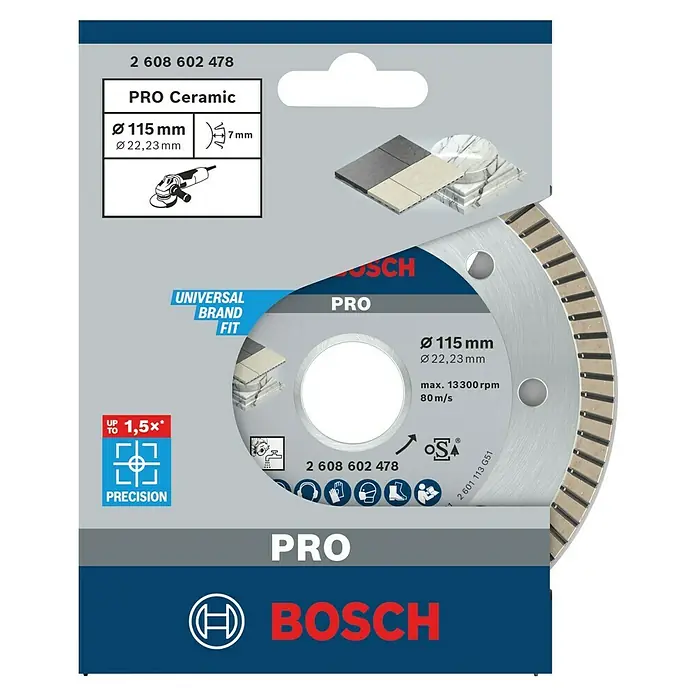 Bosch Diamant-Trennscheibe Best for Ceramic Extra Clean Turbo - Durchmesser: 115 mm, Bohrung: 22,23 mm, Geeignet für: Porzellan, 1 Stk. - Abbildung einer Bosch PRO Ceramic Trennscheibe mit 115 mm Durchmesser, ideal zum Schneiden von Keramikfliesen und anderen harten Materialien.