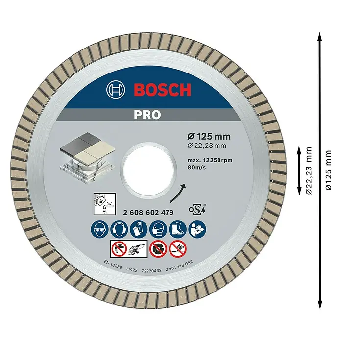 Bosch Diamant-Trennscheibe Best for Ceramic Extra Clean Turbo - Durchmesser: 125 mm, Bohrung: 22,23 mm, Geeignet für: Porzellan, 1 Stk. - Bosch PRO Diamanttrennscheibe, 125mm Durchmesser, silber mit beigen Segmenten, für Fliesen und Mauerwerk.