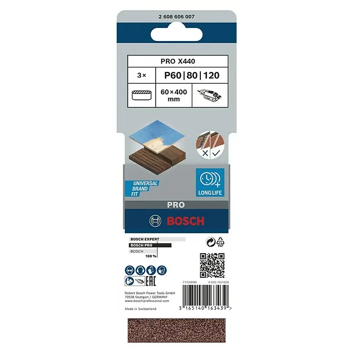 Bosch Schleifband-Set X440 Best for Wood and Paint - 60 x 400 mm, Körnung: 60 - 100, 3 Stk. - Abbildung einer Bosch PRO X440 Schleifbandpackung mit den Maßen 60x400mm, Körnungen P60, P80 und P120, geeignet für Universalmarken mit langer Lebensdauer.