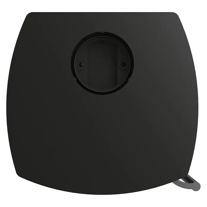 Kaminofen Alpha Ring - 6 kW, Raumheizvermögen: 172 m³, Material Verkleidung: Stahl, Farbe Verkleidung: Schwarz - Nahaufnahme einer stilvollen, modernen, mattschwarzen Wandhalterung mit einer runden Aussparung für einfache Befestigung.