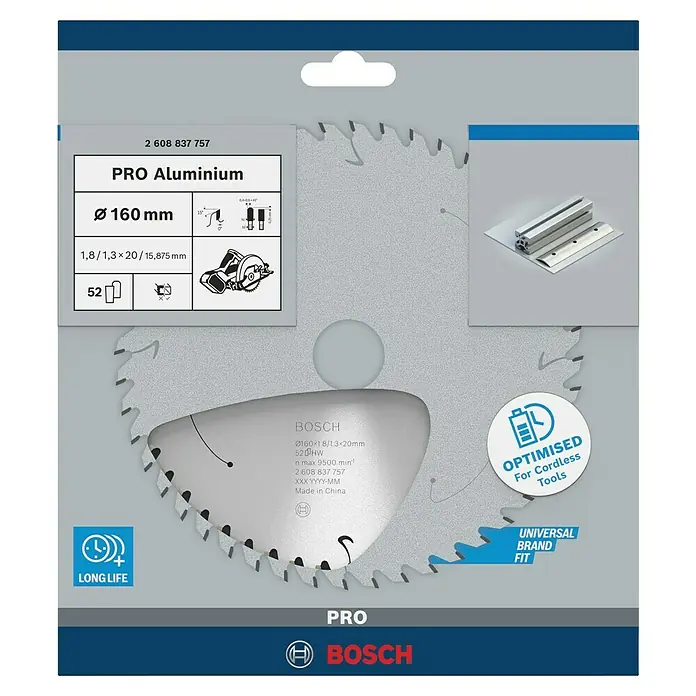 Bosch Kreissägeblatt Standard for Aluminium - 160 mm, Bohrung: 20 mm, Anzahl Zähne: 52 Stk. - Bosch Kreissägeblatt Pro Aluminium mit 160 mm Durchmesser für präzise Schnitte in Aluminium.