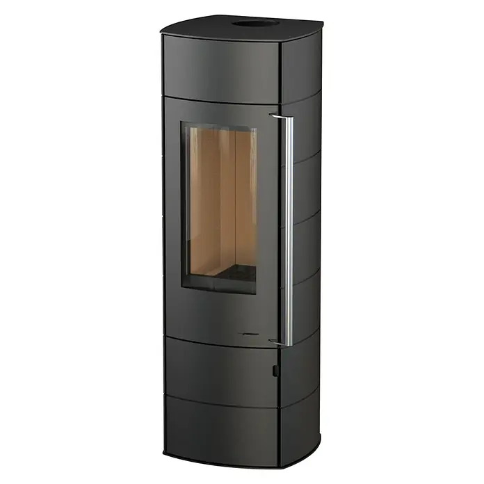 Kaminofen Alpha Ring - 6 kW, Raumheizvermögen: 172 m³, Material Verkleidung: Stahl, Farbe Verkleidung: Schwarz - Bild eines schwarzen Kaminofens.
