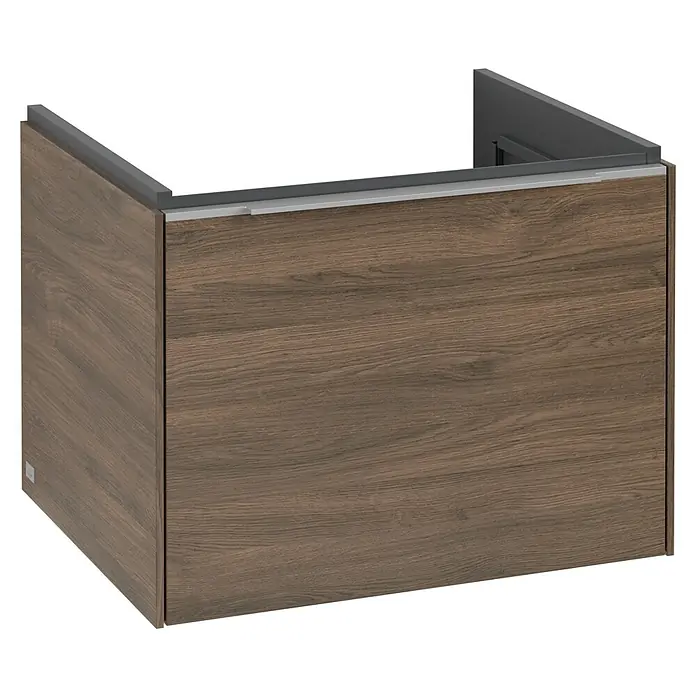 Villeroy & Boch Subway 3.0 Waschbeckenunterschrank - Arizona Oak, Anzahl Schubladen: 1 Stk., Farbe Griff: Aluminium glänzend, B x T x H: 57,2 x 47,8 x 42,9 cm, Mit Beleuchtung - Abbildung eines modernen Waschtischunterschranks mit Holzoptik und grauen Akzenten. Perfekt für ein stilvolles Badezimmer.