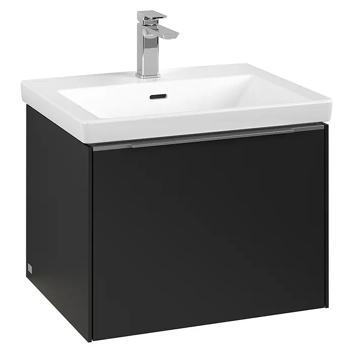 Villeroy & Boch Subway 3.0 Waschbeckenunterschrank - Volcano Black, Anzahl Schubladen: 1 Stk., Farbe Griff: Aluminium glänzend, B x T x H: 57,2 x 47,8 x 42,9 cm, Mit Beleuchtung - Ein moderner Waschtisch mit einer schwarzen Unterschrank und einem glänzenden Chromhahn, der jedem Badezimmer einen Hauch von Eleganz verleiht.