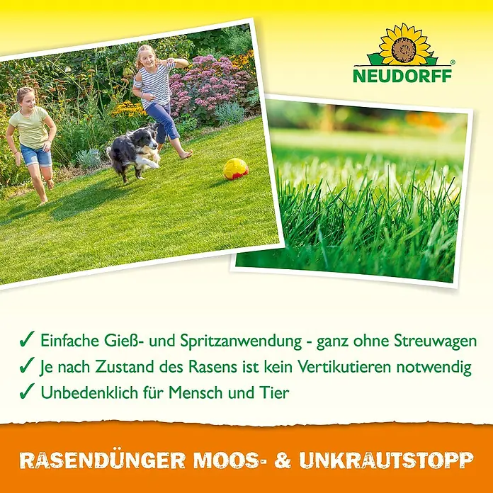 Neudorff Rasendünger Moos- & Unkrautstopp - 250 ml - Anzeige für Neudorff Rasendünger Moos- & Unkrautstopp, sicher für Mensch und Tier, einfache Anwendung ohne Streuwagen.