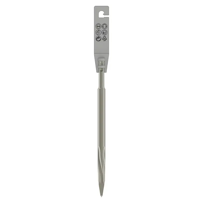 Bosch SDS-Plus-Spitzmeißel Long Life - Länge: 250 mm - Abbildung eines Spiralbohrers mit Verpackung, der ein Werkzeug zum Bohren von Löchern in verschiedene Materialien darstellt.
