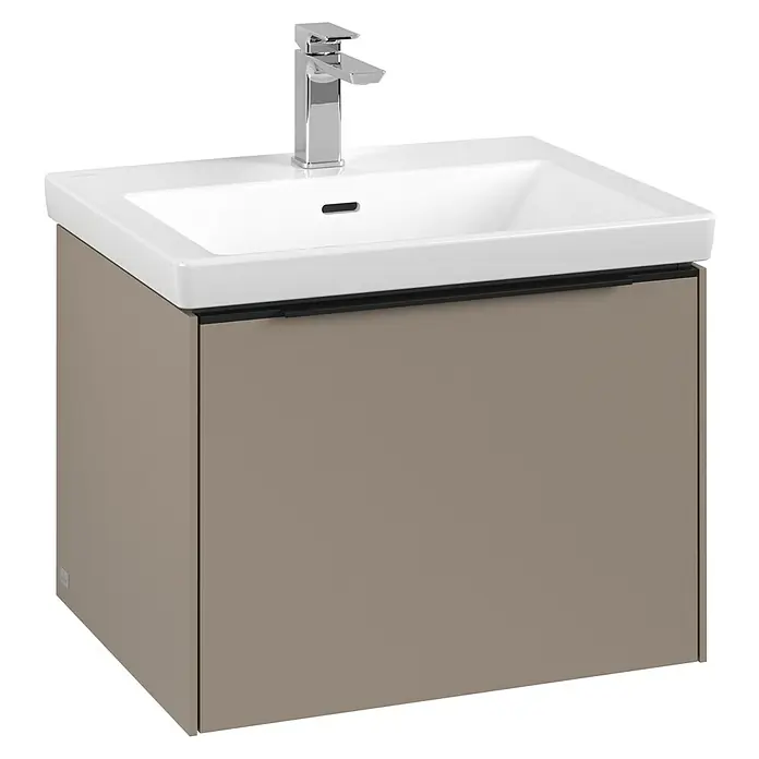 Villeroy & Boch Subway 3.0 Waschbeckenunterschrank - Taupe, Anzahl Schubladen: 1 Stk., Farbe Griff: Volcano Black, B x T x H: 57,2 x 47,8 x 42,9 cm - Ein moderner Waschtischunterschrank in Taupe mit einem eleganten, weißen Waschbecken und einer Chromarmatur. Stilvolles Design für jedes Badezimmer.