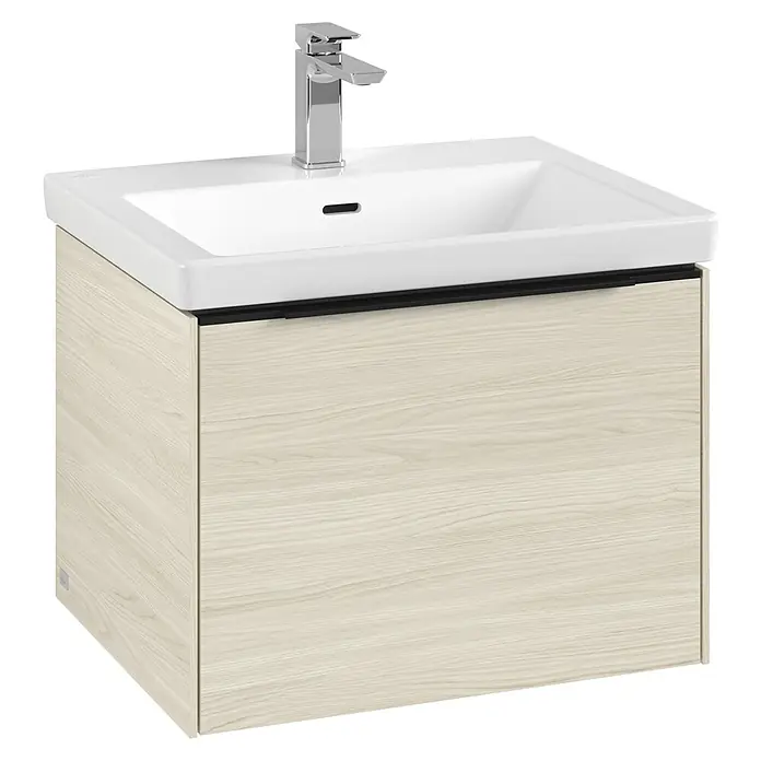 Villeroy & Boch Subway 3.0 Waschbeckenunterschrank - White Oak, Anzahl Schubladen: 1 Stk., Farbe Griff: Volcano Black, B x T x H: 57,2 x 47,8 x 42,9 cm - Ein moderner Waschtisch mit Holzunterschrank und Aufsatzwaschbecken mit Armatur. Das Badmöbel ist stilvoll und platzsparend.