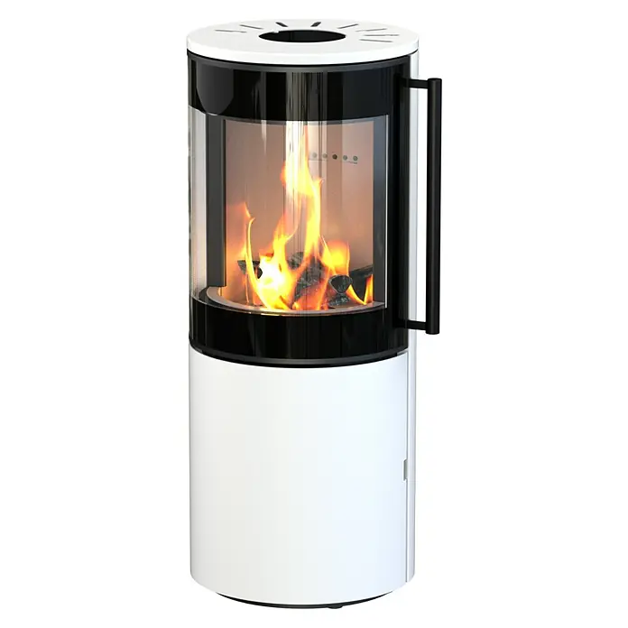 Kaminofen Xena 310 - 7,1 kW - 7,6 kW, Raumheizvermögen: 200 m³, Material Verkleidung: Stahl, Weiß - Moderner Kaminofen in Weiß und Schwarz mit brennendem Holz, der Wärme und Stil in jeden Raum bringt. Perfekt für gemütliche Stunden.