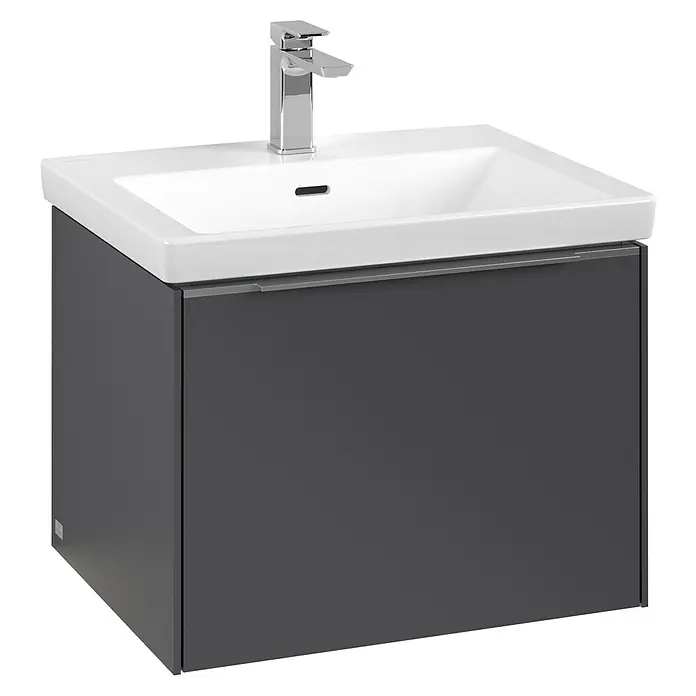 Villeroy & Boch Subway 3.0 Waschbeckenunterschrank - Graphite, Anzahl Schubladen: 1 Stk., Farbe Griff: Aluminium glänzend, B x T x H: 57,2 x 47,8 x 42,9 cm, Mit Beleuchtung - Modernes Waschbecken mit Unterschrank in Anthrazit. Stilvolles Design für Badezimmer mit weißem Waschbecken und verchromtem Wasserhahn.